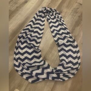 Ticketed pink navy blue and white infinity scarf.